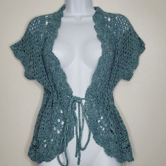 Vintage teal open knit drawstring waist y2k short sleeve cardigan Size large - Picture 1 of 6